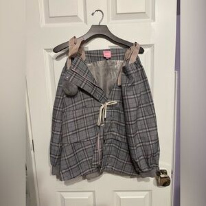 Grey plaid off the shoulder Pom Pom coat